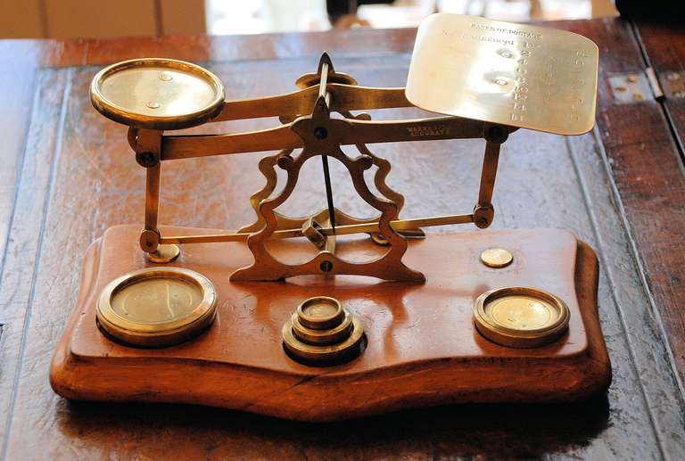 Antique English Brass and Walnut Postal Scale
