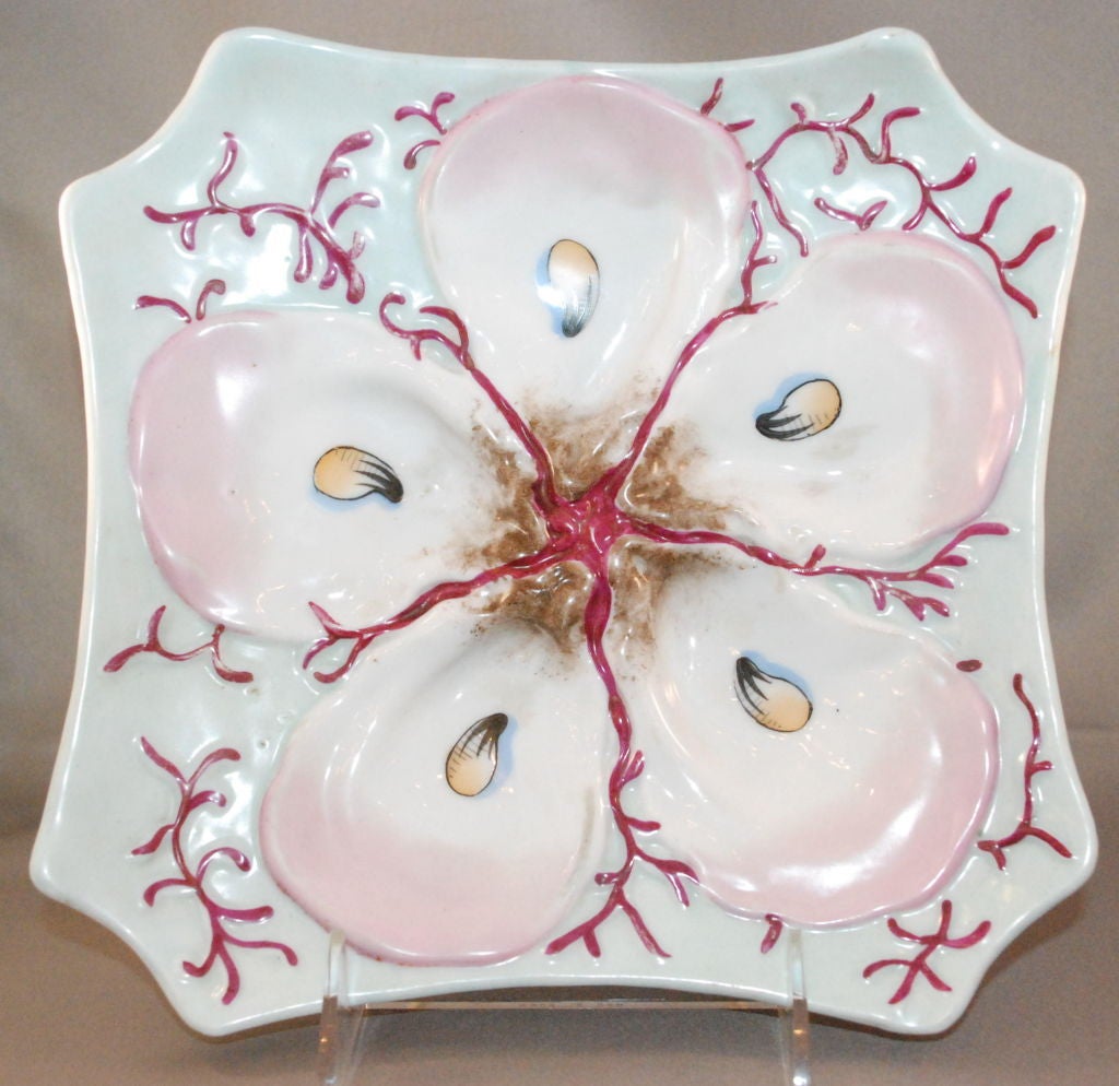 Unusual Square Shape Handpainted Oyster Plate circa 1880