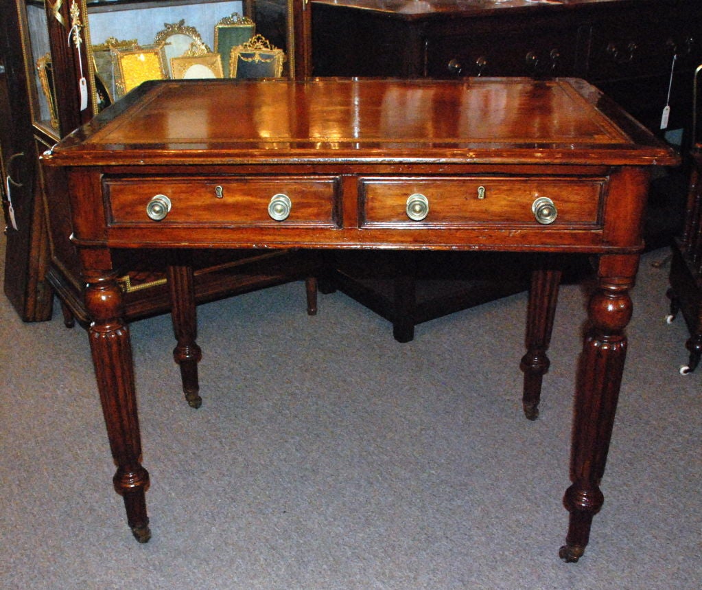 Antique English Mahogany Writing Desk Original Leather Top two Drawers