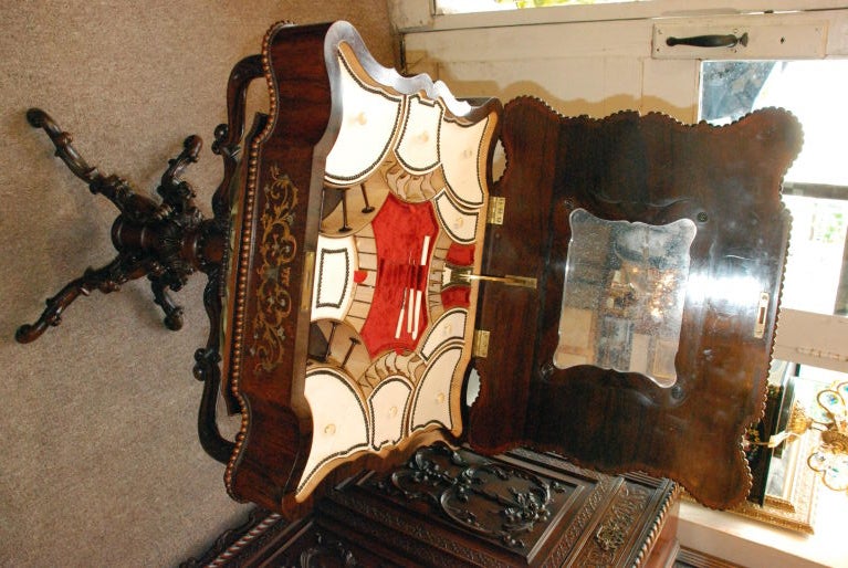 Rare Antique English Rosewood Games And Sewing Compendium With Exotic Inlay of Ivory- Bronze-Silver -Mother Of Pearl Original Ivory Lined Interior