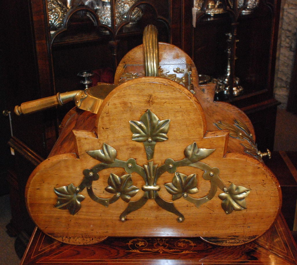 Antique High Victorian Walnut Brass Decorated Coal Scuttle