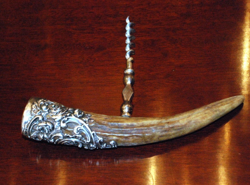 Antique American Antler Corkscrew With Sterling Silver Mounts And Polished Steel Blade Circa 1890 Marked Sterling Silver On Butt Of Handle