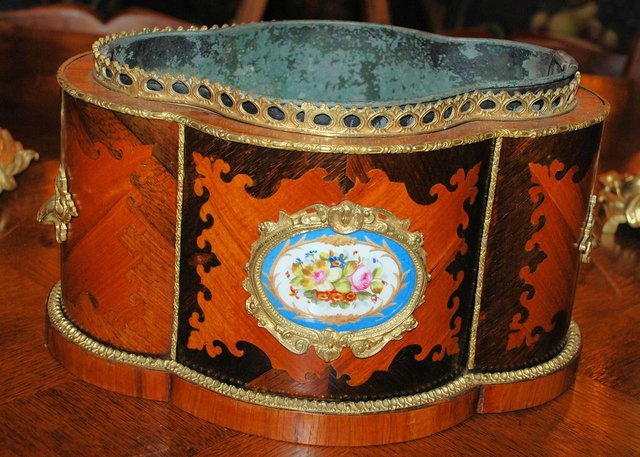 Antique French Jardinière made of Inlaid Exotic wood, Bronze Gold Mounts and Sevres Hand painted Medallion.