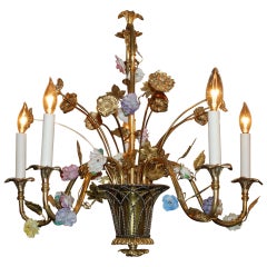 Antique French Dresden Flower Bronze Chandelier