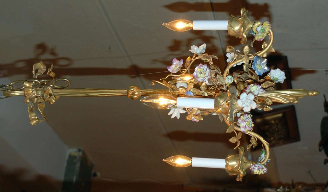Antique French Gold Bronze Chandelier with Dresden Flowers