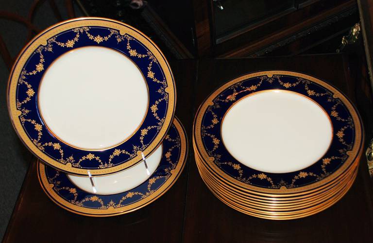 Set of 12 Antique American Cobalt Blue and Gold Hand Painted Service Plates signed Lennox co.