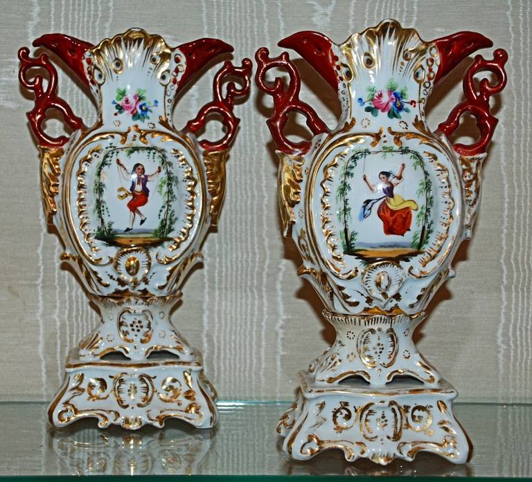 Pair of Antique French Vieux Paris, Hand painted Porcelain Vases