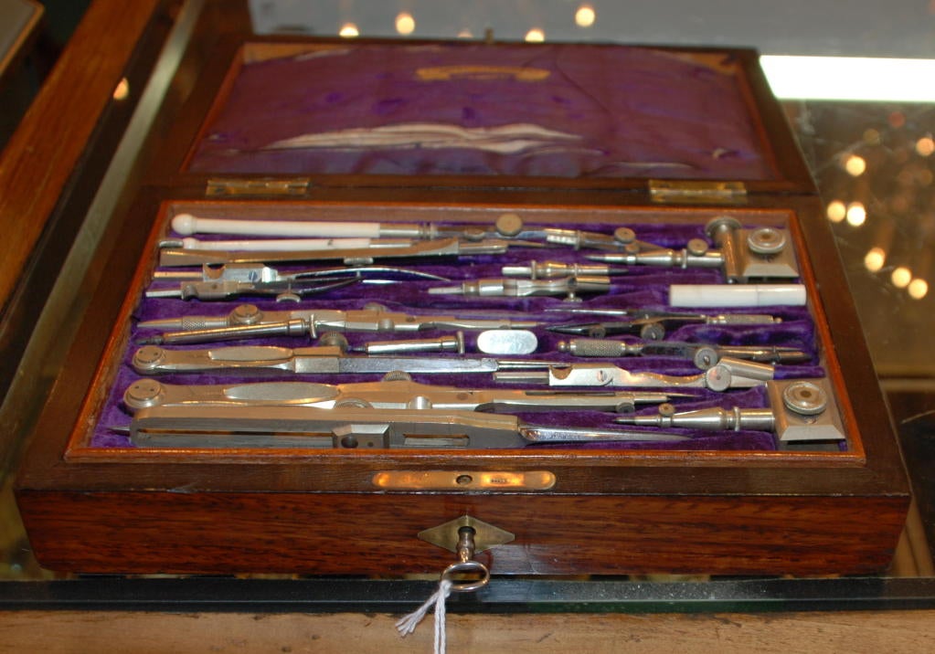 Antique English Architectural ER Mechanical drawing set. In original Rosewood Box.