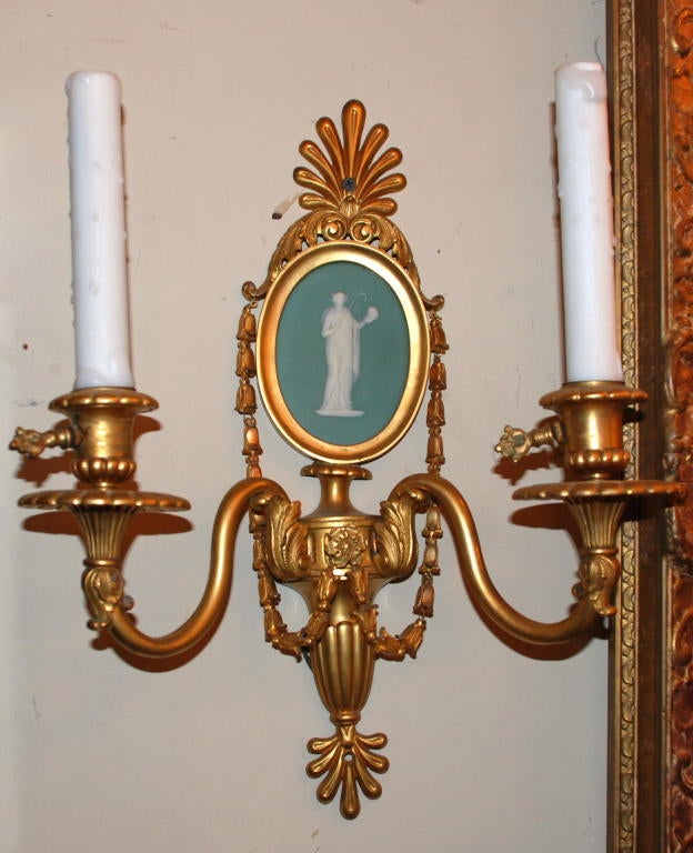 Pair of antique English bronze D'oré gasolier sconces. They have been converted to electric.