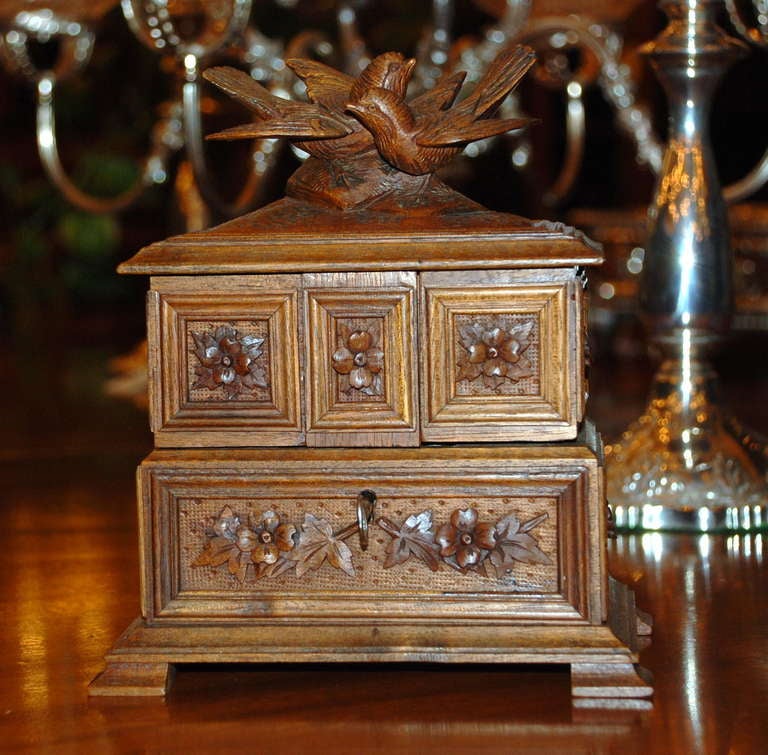 Antique French Carved Walnut Jewel Box with original interior.