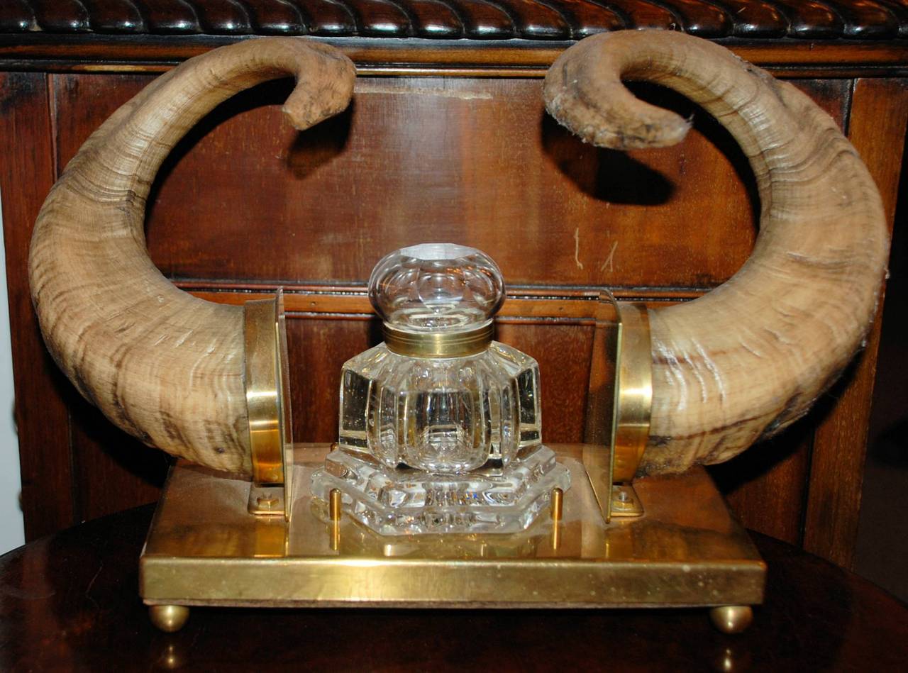 Antique English Brass & Crystal Ram Horn Inkwell