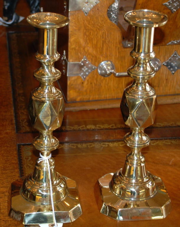 Antique English Victorian brass candlesticks, the King of diamonds.