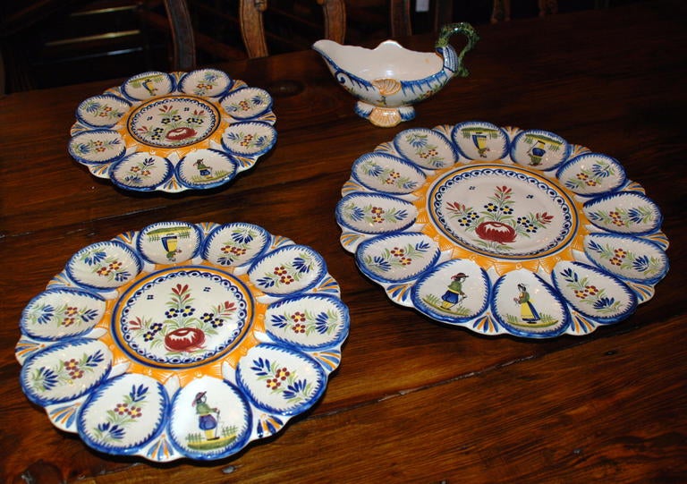 Faience Quimper, Three Tier Oyster Server with Sauce Boat