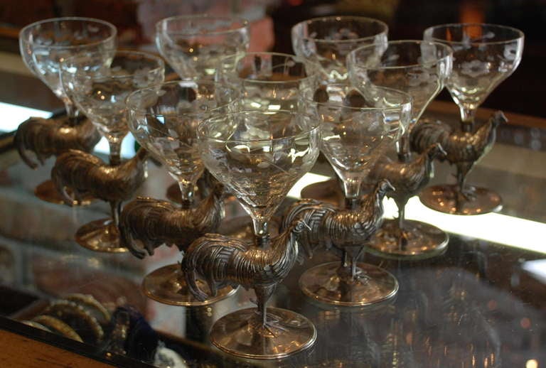 Antique Set of 10 Silver Plated and Crystal Cocktail Glasses Signed J. E. Caldwell Company Circa 1880s 