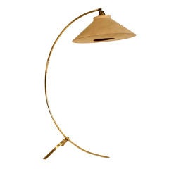 1970's Curved Brass Floor Lamp (with original raw silk shade).