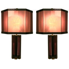 A Pair of Vintage Lucite and Brass Lamps with Integral Shade