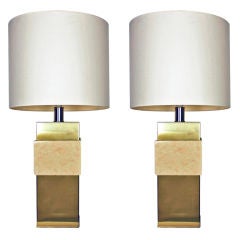 A Pair of Italian Brass Table Lamps with Faux Travertine
