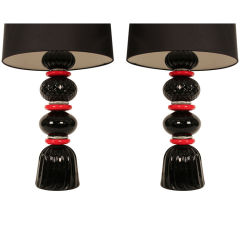 A Pair of Red and Black Murano Glass Table Lamps