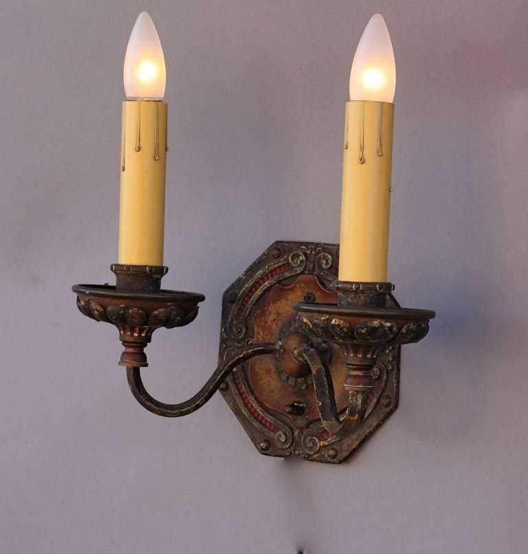 Pair Of 1920s Elaborate Large Double Sconce In Excellent Condition In Pasadena, CA