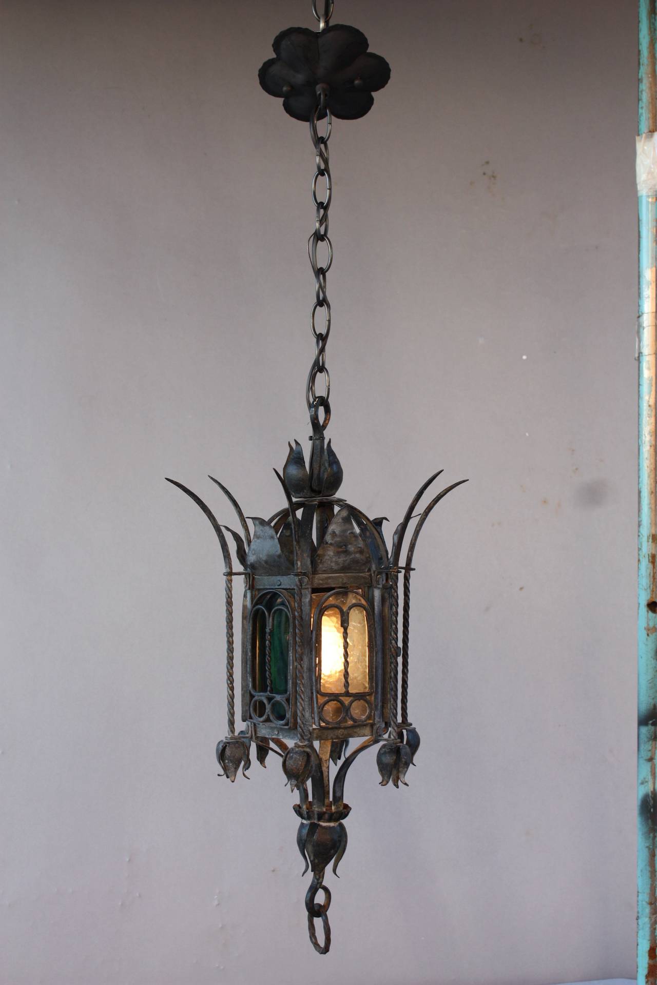 Classic 1920's iron pendant with slag glass. Body of fixture is 21.75