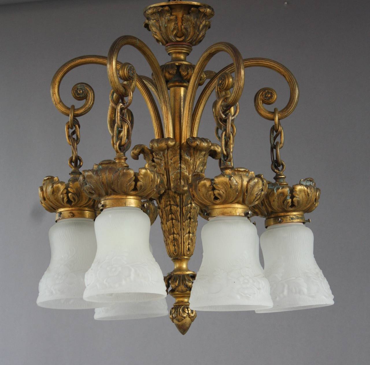 Antique 1920s Bronze Chandelier with Acanthus Motif and Shallow Drop