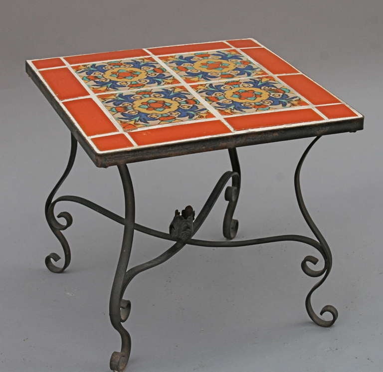 American 1930s Early California Tile Table with Iron Base