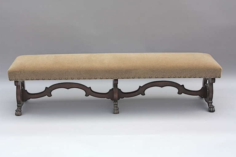 1920s Long Walnut And Mohair Bench