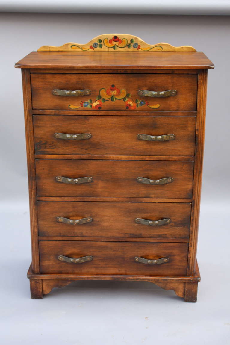 All original Monterey dresser with hand painting and iron hardware. Circa 1930's.