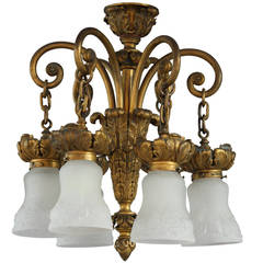 Antique 1920s Bronze Chandelier with Acanthus Motif and Shallow Drop