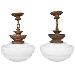 Pair of Antique 1920's Milk Glass Pendants
