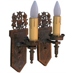 Pair Of Antique Brass Sconces With Lion Motif