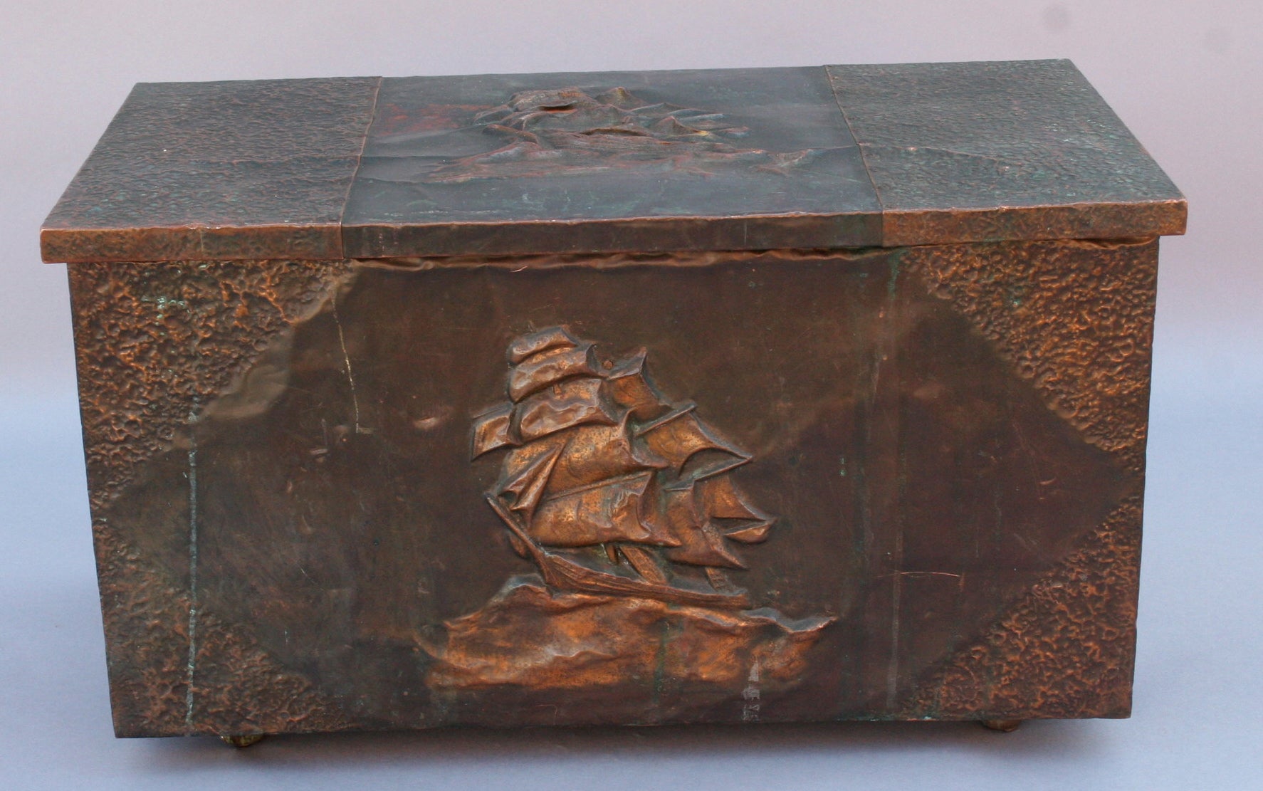 Copper-Clad Firewood Box w/ Repousse Galleon