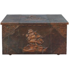 Antique Copper-Clad Firewood Box w/ Repousse Galleon
