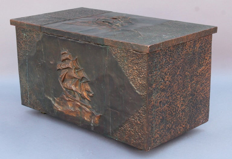 Copper-Clad Firewood Box w/ Repousse Galleon In Good Condition In Pasadena, CA