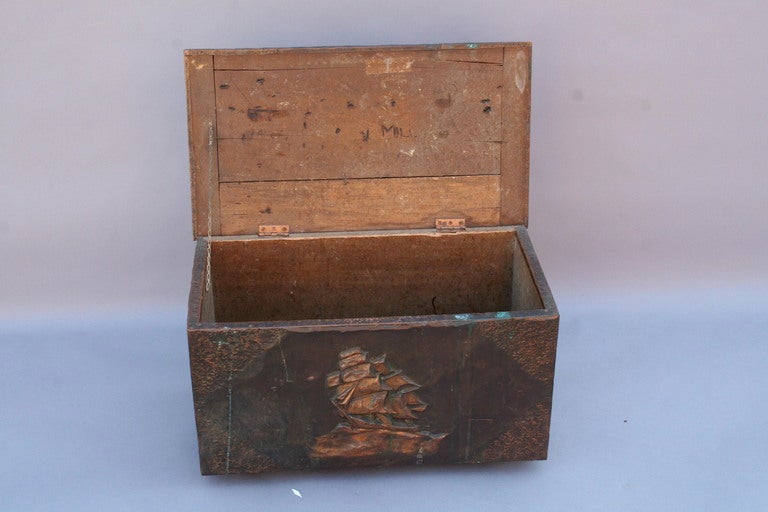 20th Century Copper-Clad Firewood Box w/ Repousse Galleon