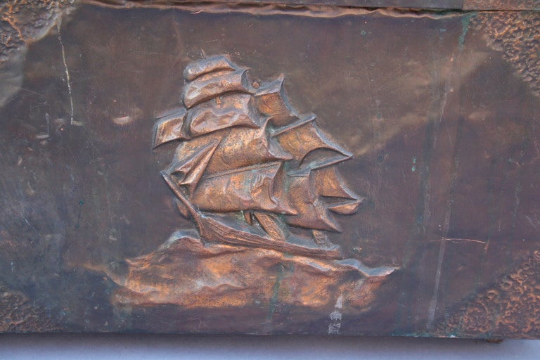 American Copper-Clad Firewood Box w/ Repousse Galleon