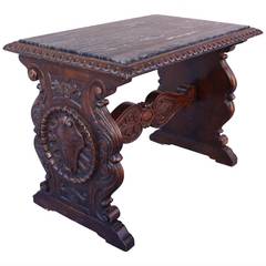 Antique Spanish Revival Carved Walnut Table with Marble Top