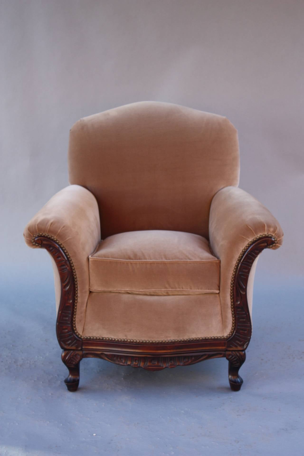 1920s carved walnut side chair with new belgium velvet upholstery. Measures:36.5