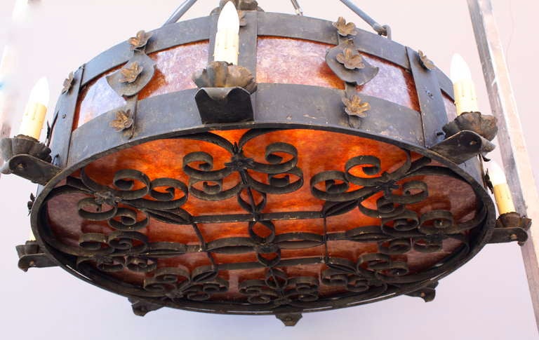 Mid-20th Century Large-Scale Wrought Iron & Mica Chandelier