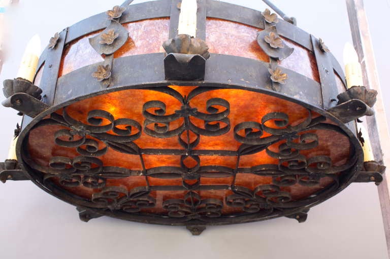 American Large-Scale Wrought Iron & Mica Chandelier