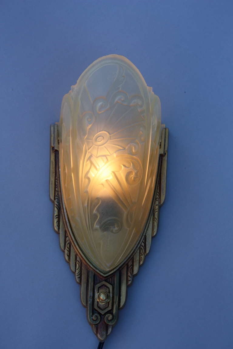 1920s 1 Of 3 Deco Slip Shade Sconce In Excellent Condition In Pasadena, CA