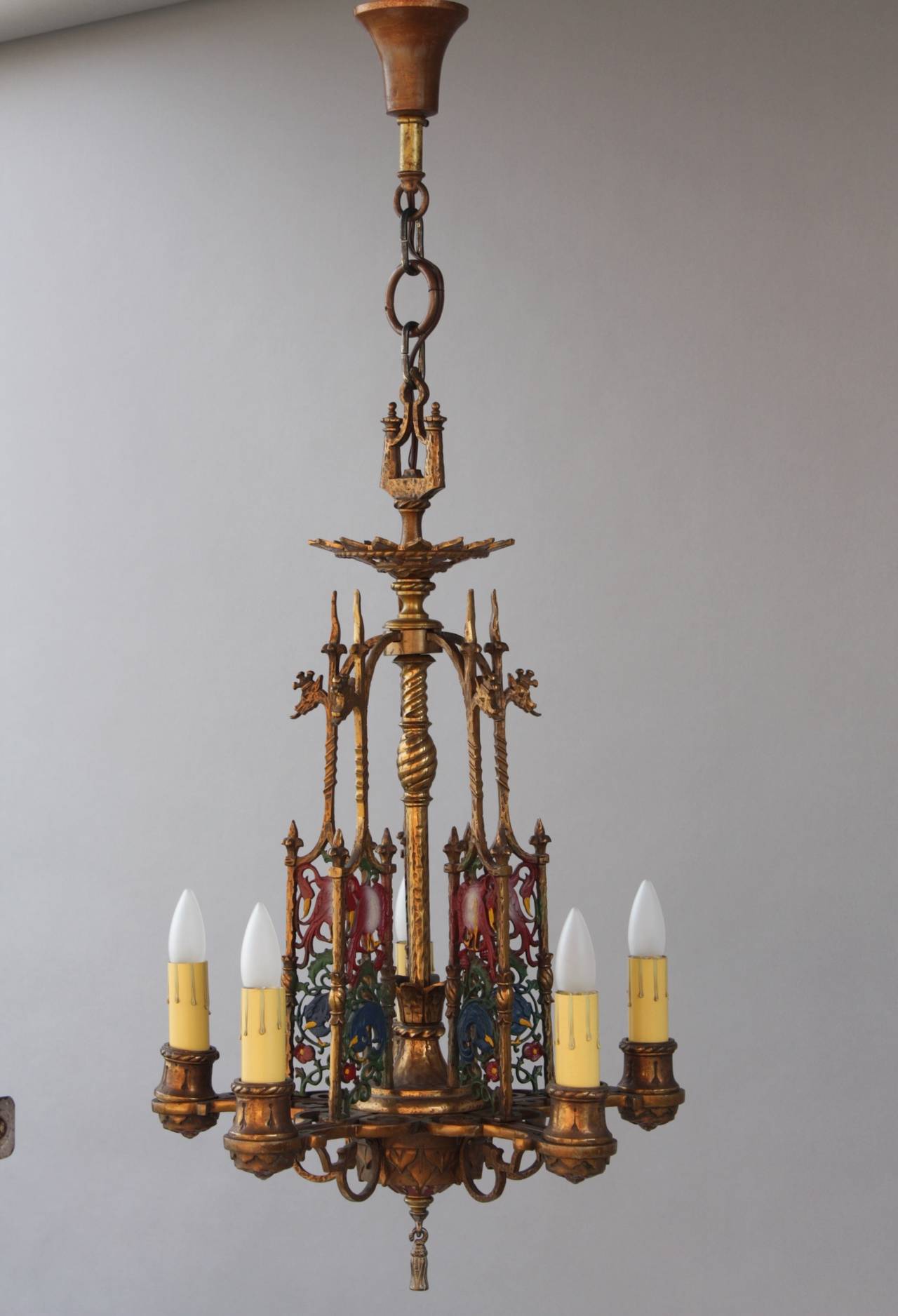 Spanish Colonial Antique 1920s Polychrome Chandelier with Bird Motif