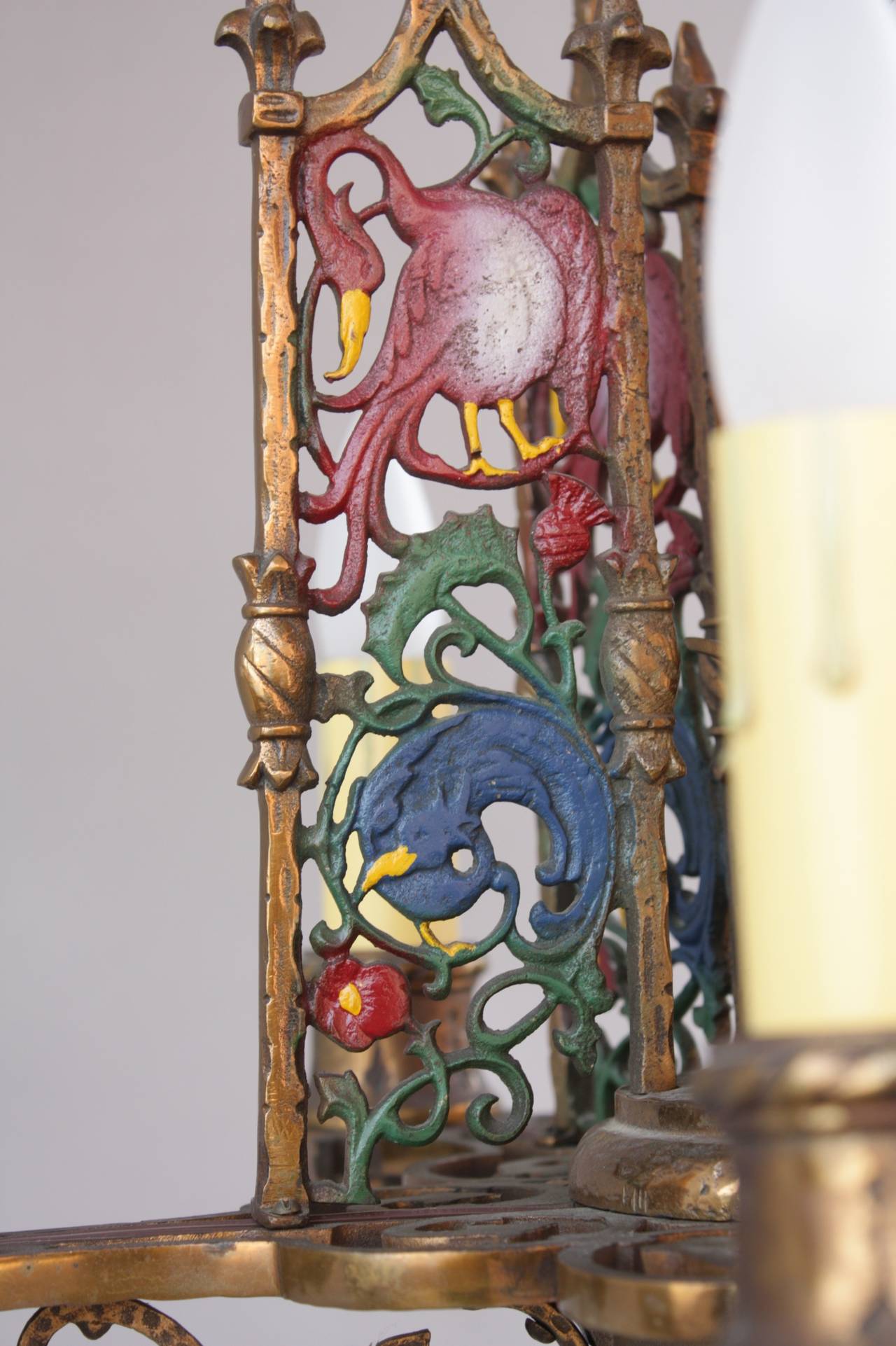 Antique 1920s Polychrome Chandelier with Bird Motif In Good Condition In Pasadena, CA