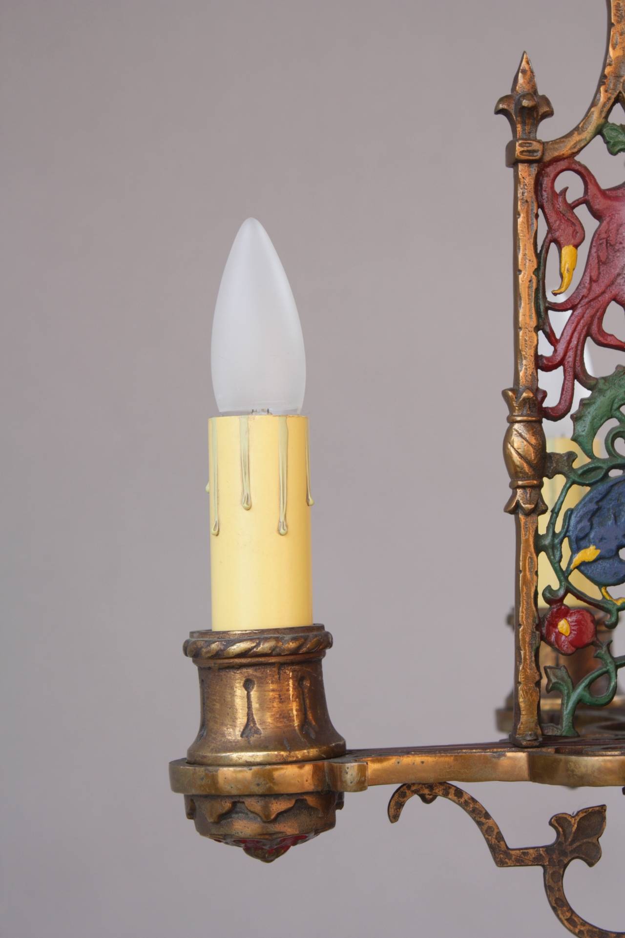 Early 20th Century Antique 1920s Polychrome Chandelier with Bird Motif