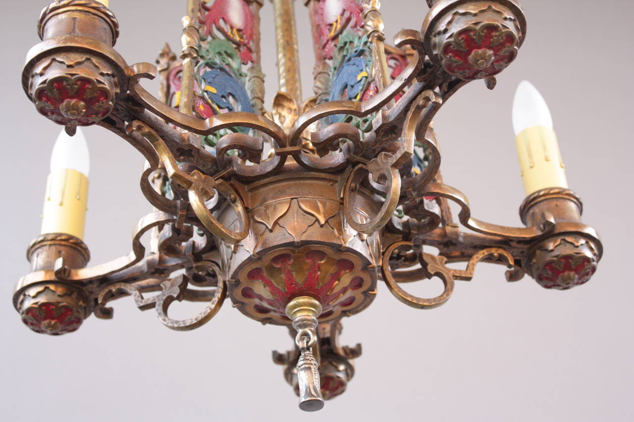 Antique 1920s Polychrome Chandelier with Bird Motif 1