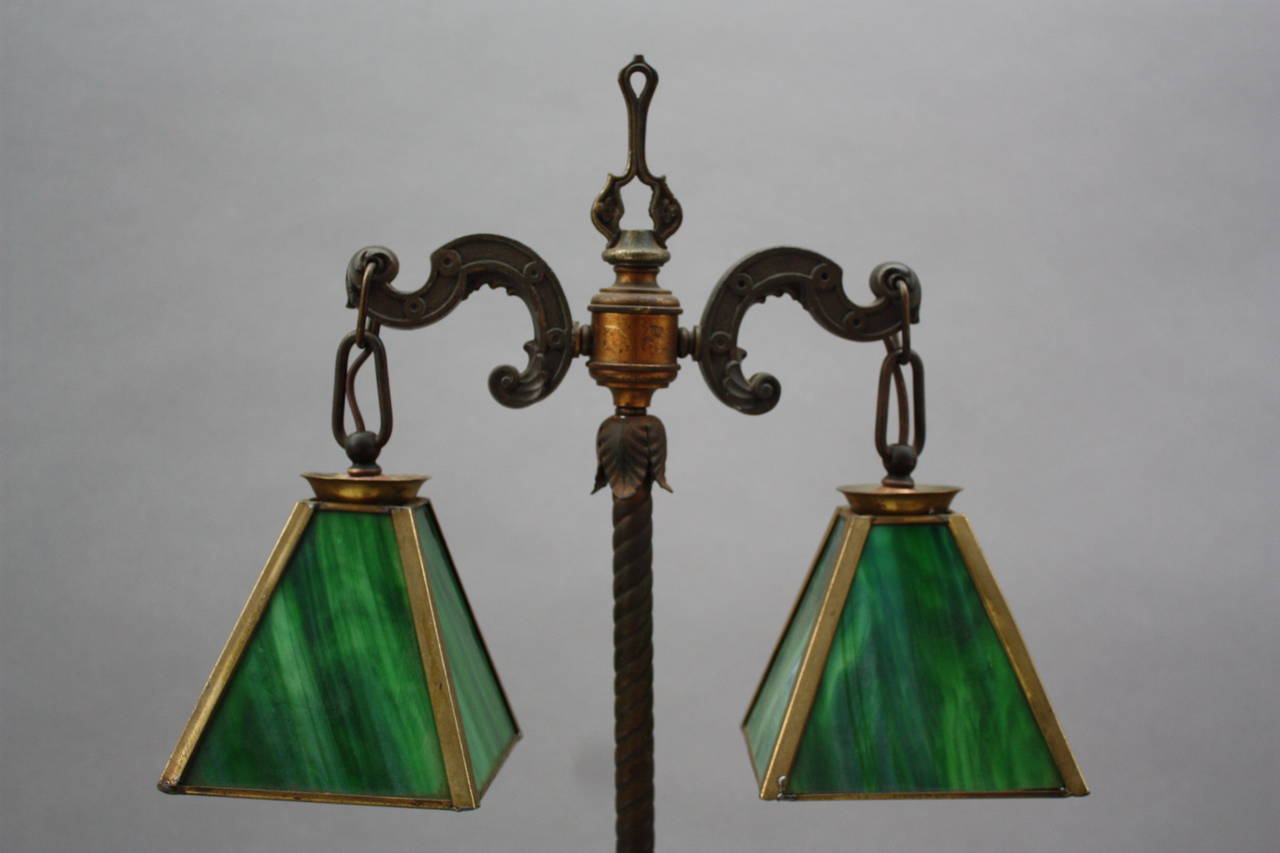 Circa 1910 floor lamp with green slag glass pendants. A great fit for an Arts and Craft or Tudor decor. 64.25