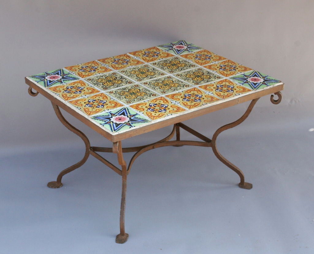 Large 1920's Tile Table with Wrought Iron Base