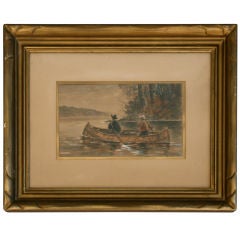 19th Century Watercolor, Men in Canoe