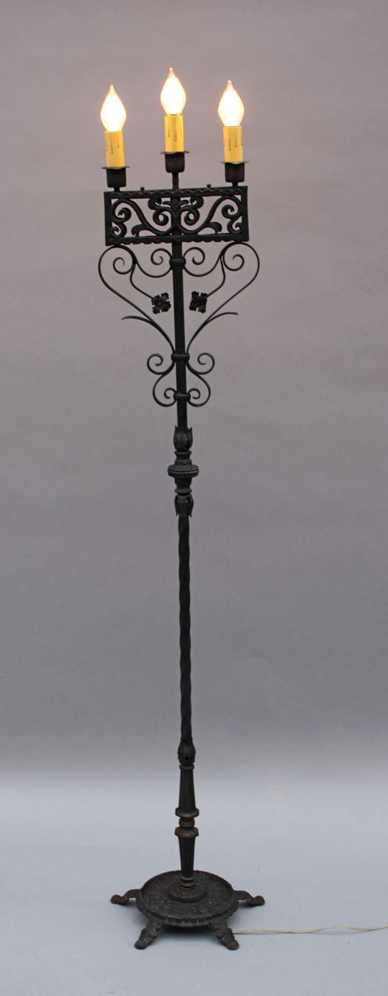 Antique Wrought Iron 3-light Torchiere circa 1920's 3
