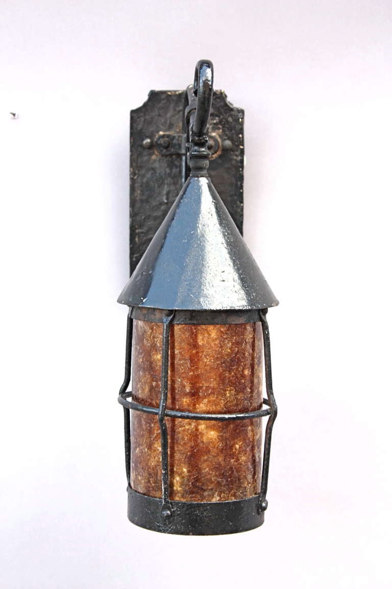 Antique Wrought Iron And Mica Exterior Lantern In Good Condition In Pasadena, CA